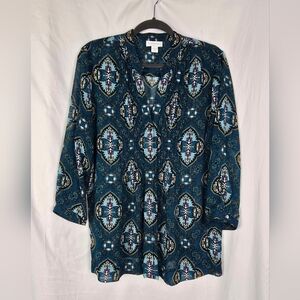 Charter Club Paisley Teal Pintuck Button-Up Tunic V-Neck Top Women's sz L